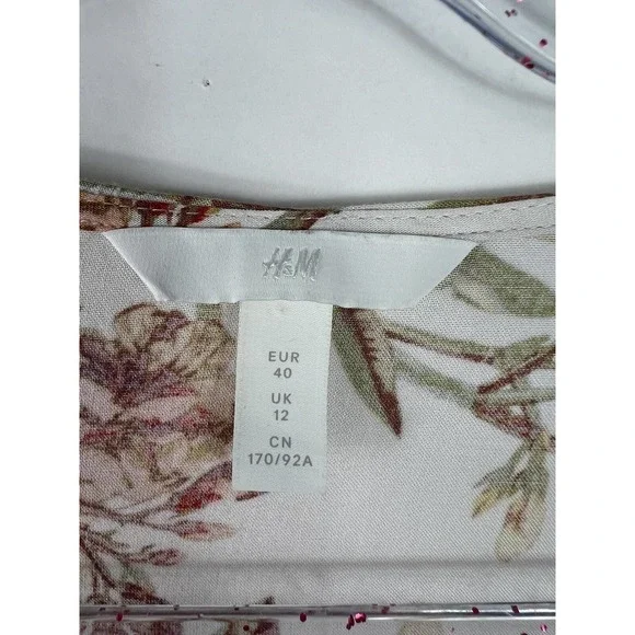 H&M Size 8 Women White Brown Floral Long Sleeve Button-Up Front Tie Top Blouse - Picture 3 of 10